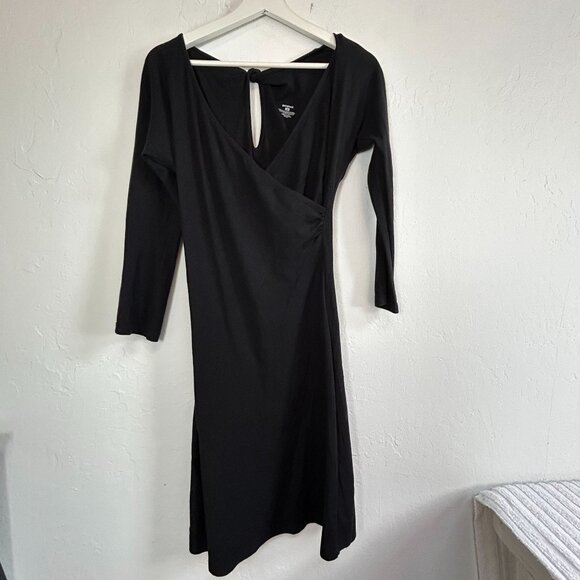 Patagonia Laurel Bay Ruched Knot Back Surplice Faux Wrap Dress Medium Black - Picture 1 of 7
